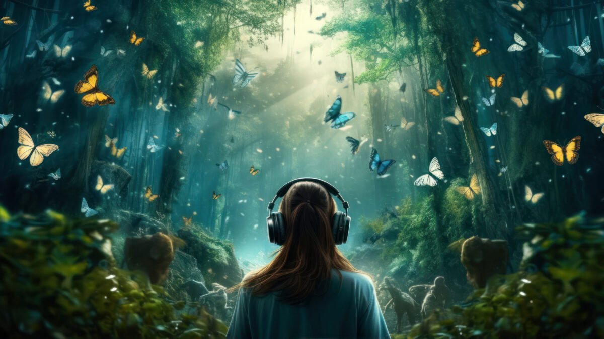 Girl listening to music in the forest. mixed media. mixed media